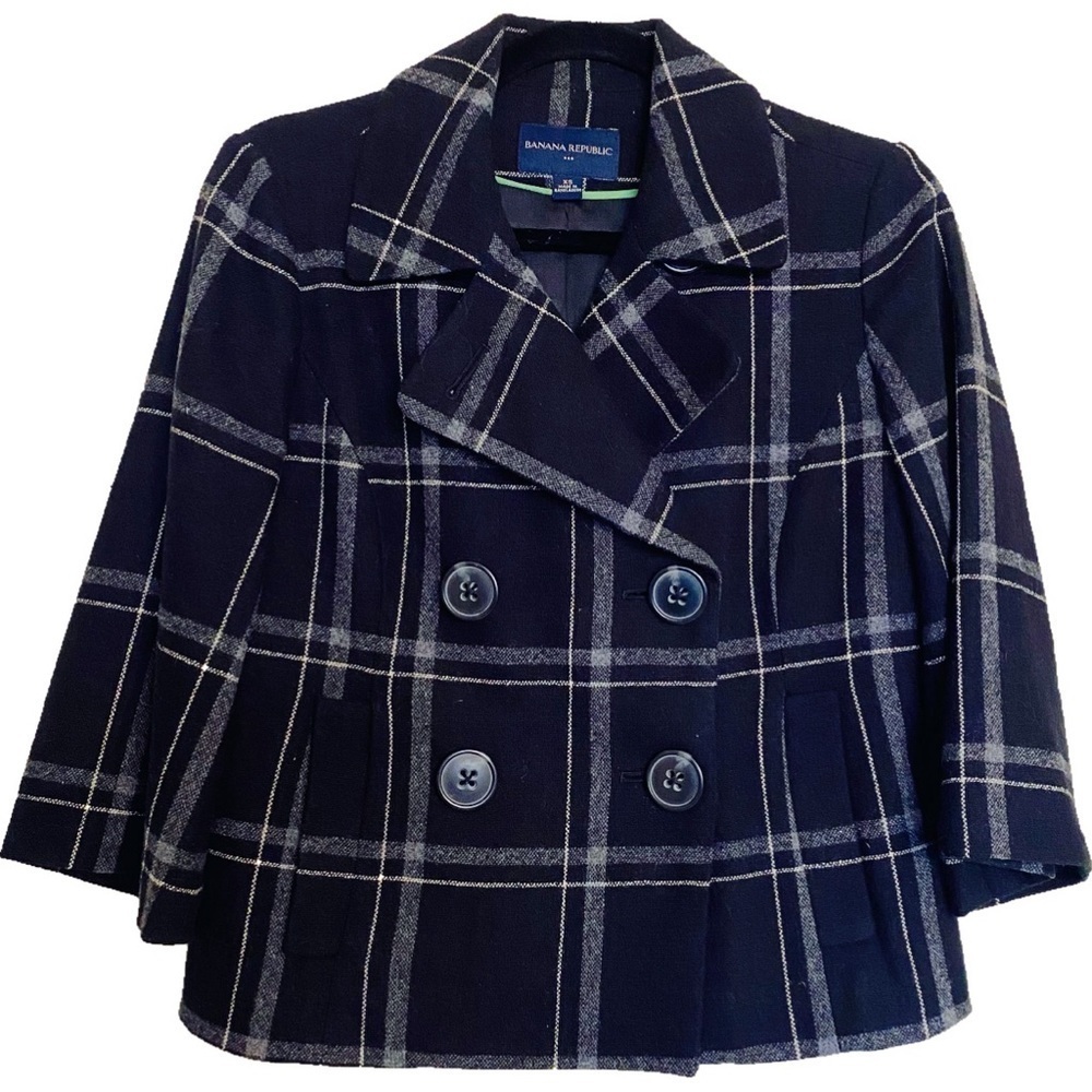 Banana Republic Plaid Black Pea Coat Wool Blend Size XS Preppy Academia Business